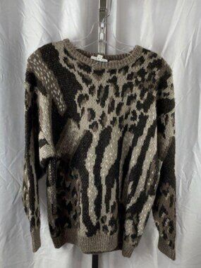 Vtg 90s Russ Men’s Taupe Brown Electric Grandpa Animal Print Knit Sweater M